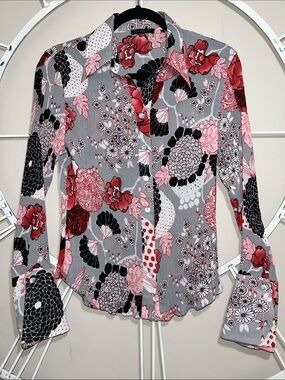 Vintage Le Caviar Long-Sleeve Floral Button-Down Shirt Blouse